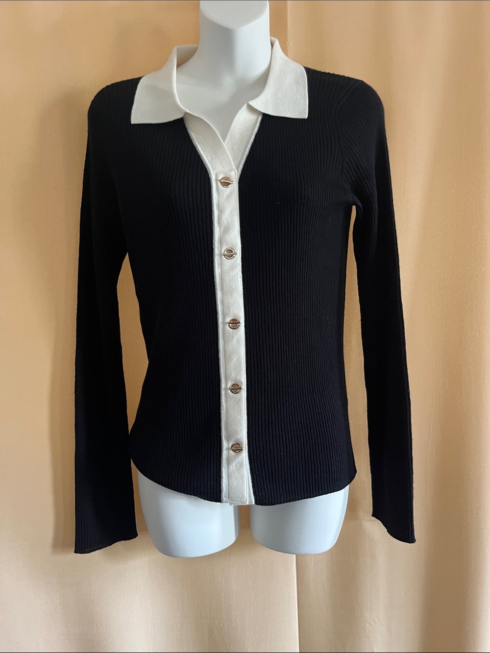 Black Ribbed Button-Up Cardigan with Cream Trim
